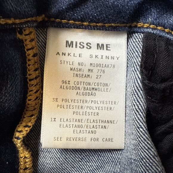 Miss Me Junior's Size 27 Ankle Skinny Jeans Dark Wash Raw Hem  27x27 - Picture 7 of 10